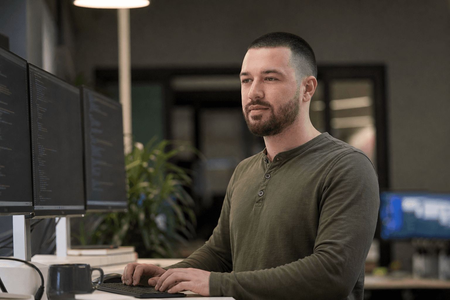 Chandler Talley — at an engineering desk with dual monitors