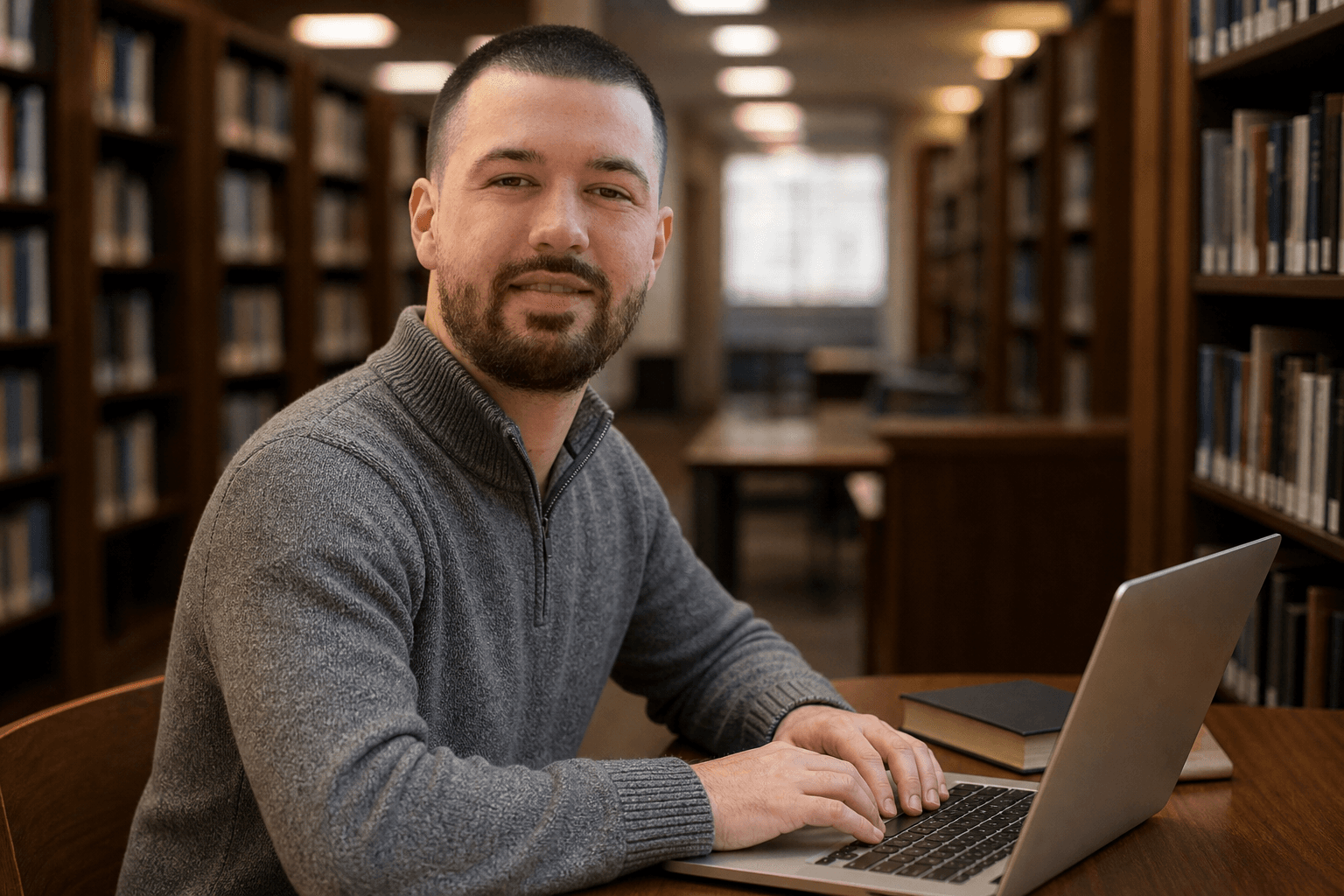 Chandler Talley — studying with a laptop in a library