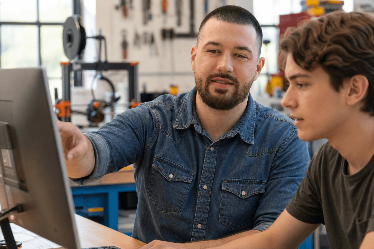 Chandler Talley — mentoring in a makerspace at a computer