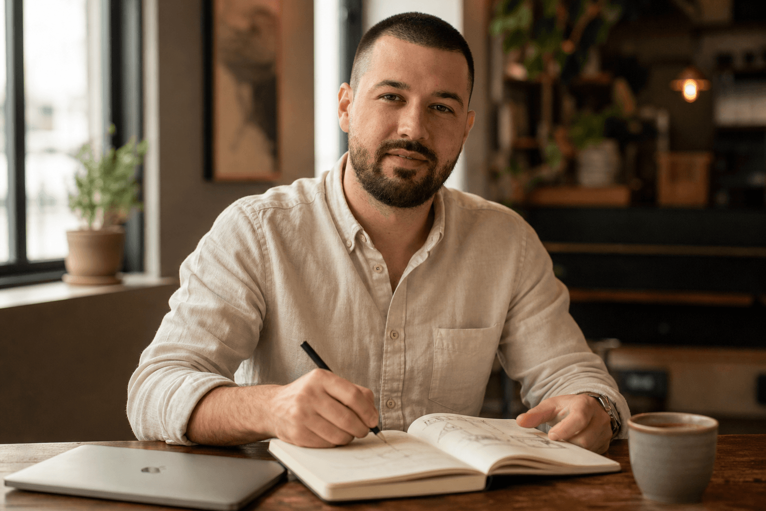 Chandler Talley — sketching product ideas in a notebook