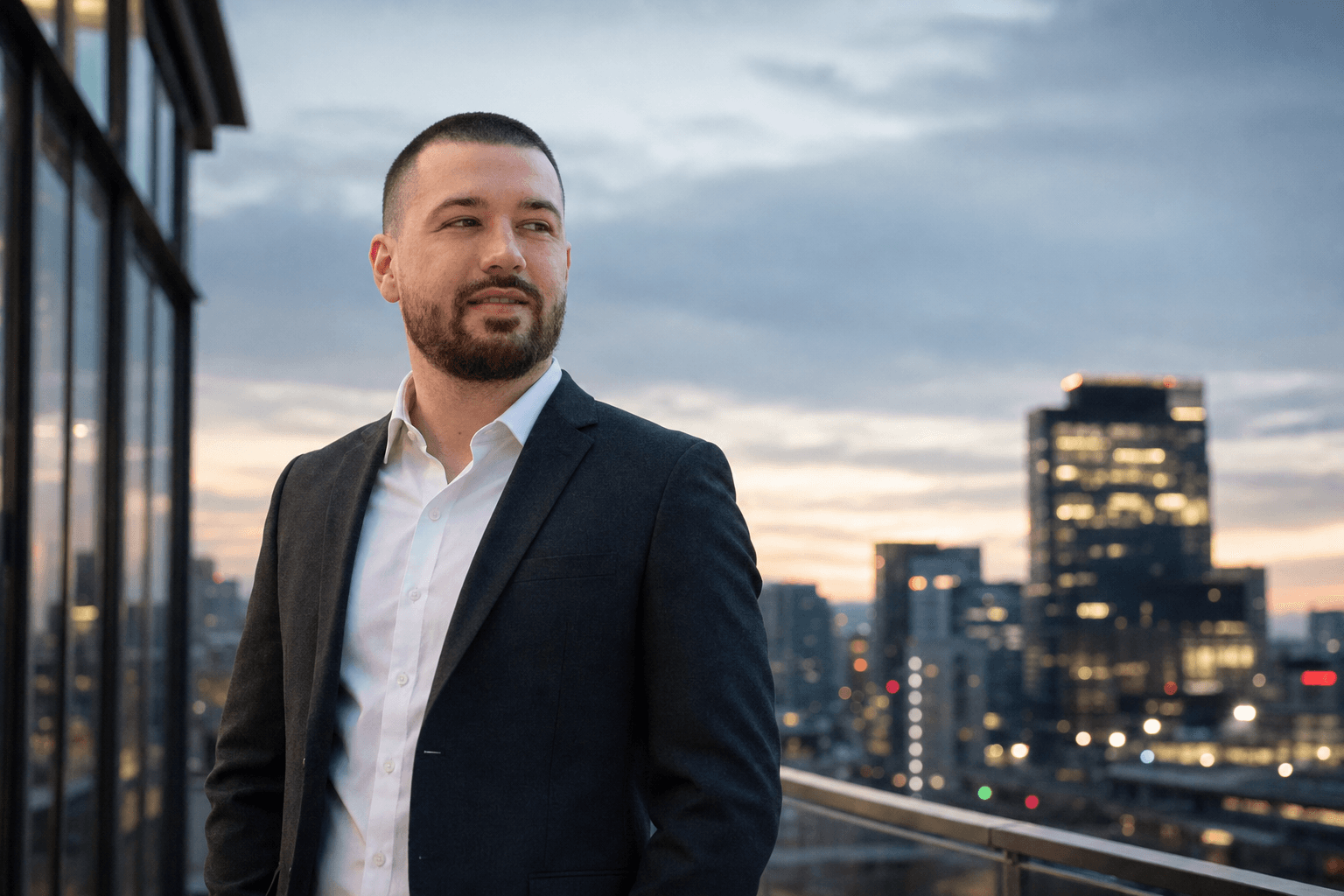Chandler Talley — rooftop professional portrait at dusk
