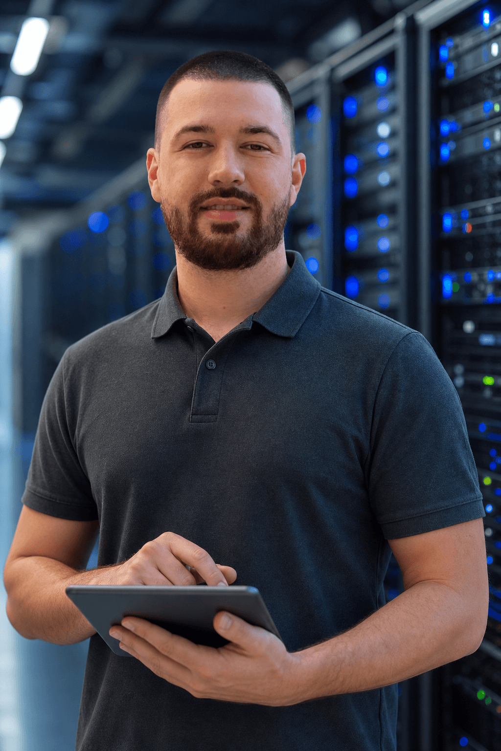 Chandler Talley — in a server room with a tablet